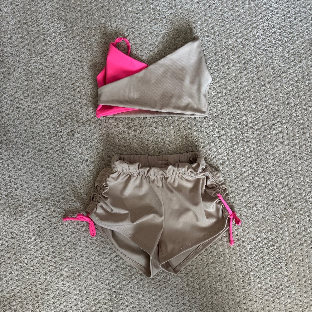 Girls Two-Piece dance Set in Taupe and Hot Pink